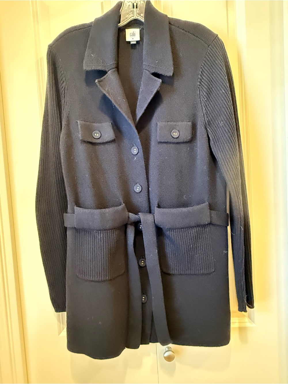 CAbi Black Knit Belted Cardigan with Patch Pockets
